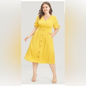 BloomChic-Solid Pocket Knot Sleeve Shirred Back Button Detail Wrap Dress |Medium